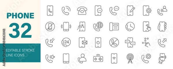 Fototapeta Phone icon set. Containing mobile, contact, message, communication, call, mobile pay, cellular, vibrate, game, Wi-Fi and more. Editable line icons. Vector illustration.
