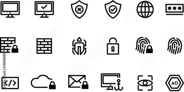 Obraz Cybersecurity Icons Pack Firewall, Fingerprint, Encryption, Cloud Security, Malware, Lock, and Phishing Symbols