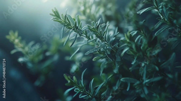 Fototapeta Close-up of lush green herb leaves illuminated by soft light in a tranquil setting