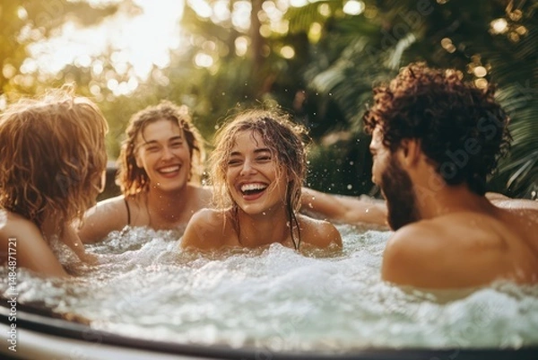 Fototapeta Group of friends enjoying summer jacuzzi in nature