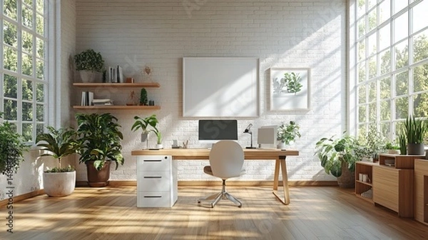 Obraz A productive workspace with natural light, modern desks, and minimalist decor