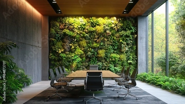 Obraz A modern conference room surrounded by vertical gardens and greenery