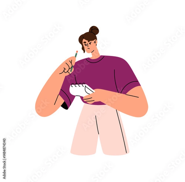 Fototapeta Seriously puzzled woman takes notes in notebook, thinking about solving problems. Thoughtful, pensive girl writes in notepad, pondering about decisions. Flat isolated vector illustration on white