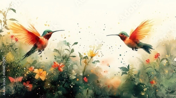 Obraz Two hummingbirds in flight amongst vibrant flowers