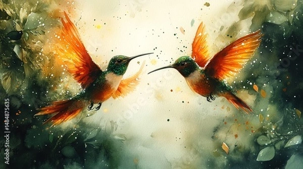 Obraz Two hummingbirds in flight, vibrant colors, natural setting