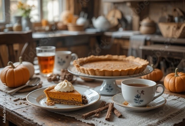 Fototapeta Table with homemade pumpkin pie, cinnamon sticks, and warm tea in a rustic kitchen setting filled with cozy autumn atmosphere Generative AI