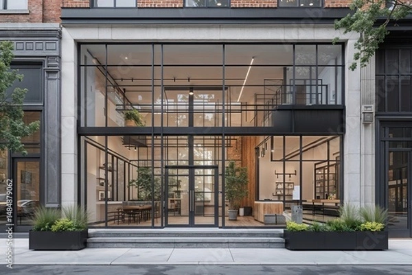 Fototapeta Modern Urban Storefront with Large Glass Windows and Patio
