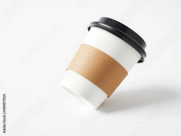 Obraz Angled White Takeaway Coffee Cup with Kraft Sleeve and Black Lid Mockup on White Background
