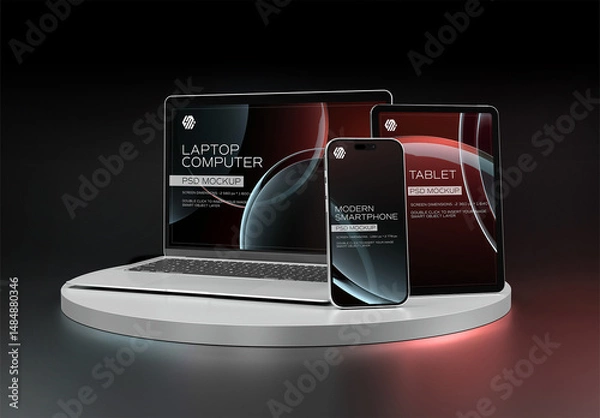 Obraz Mobile Phone, Laptop and Tablet Mockup On Black Background
