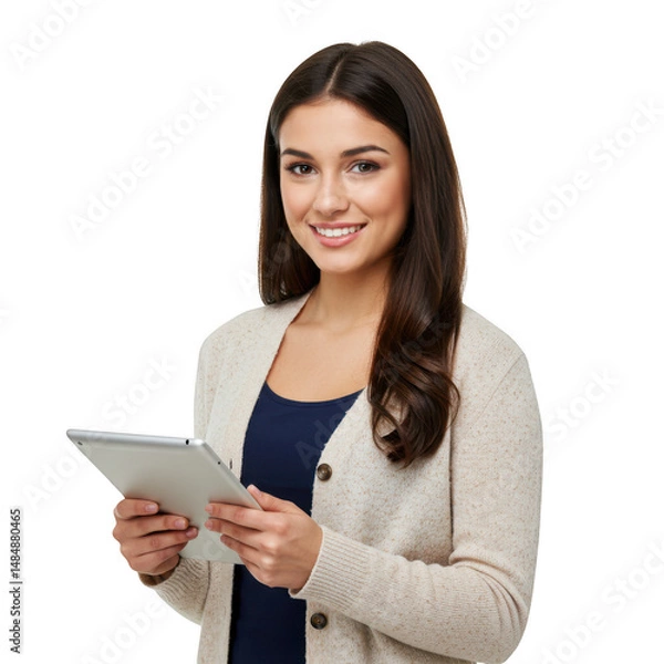 Fototapeta Smiling Woman Using Tablet Computer White On Transparent Background