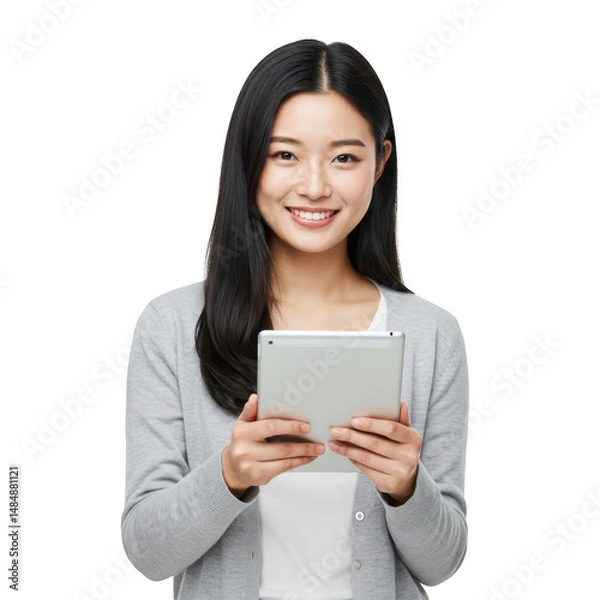 Fototapeta Smiling Asian Woman Using Tablet Computer White On Transparent Background