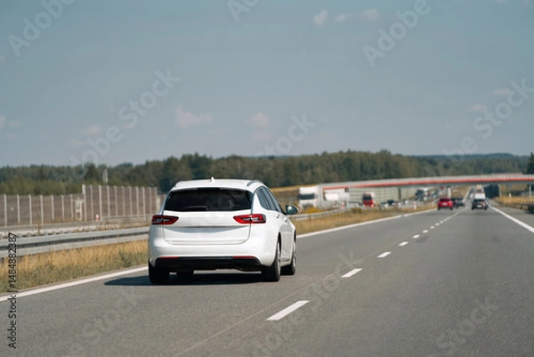 Fototapeta European combi car on a long empty road