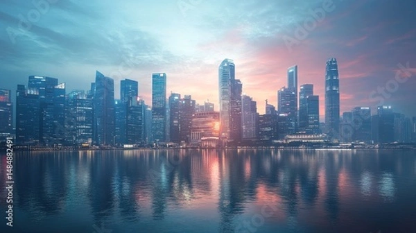 Obraz A futuristic city skyline as the backdrop of a global tech conference