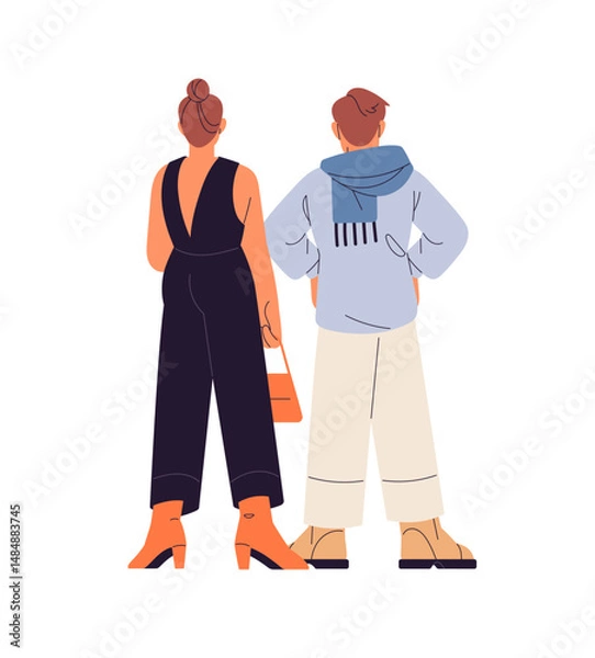 Fototapeta People in stylish clothes standing together back view. Fashion friends, fellows wearing trendy outfits. Romantic couple is waiting backside. Flat isolated vector illustration on white background