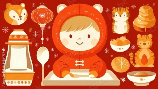 Obraz Lunar New Year Celebration: Child in Tiger Costume, Festive Foods, Lanterns