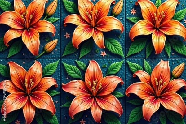 Obraz Bold, stylized lilies arranged in square repeating tiles , pattern design, deco