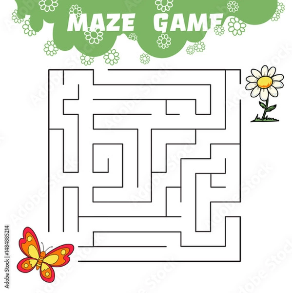 Fototapeta Maze game with butterfly and flower, pre-school educational worksheet, vector illustration
