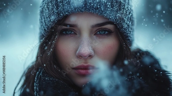 Fototapeta Young caucasian female in winter attire with snowflakes on face and knit hat
