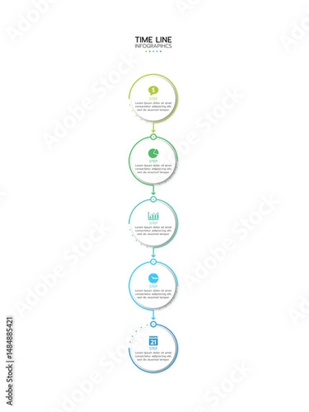 Fototapeta Timeline infographic featuring five vertical, connected circles with a gradient outline from light green to blue. Each circle contains a thin line icon and adjacent placeholder text labeled "STEP".