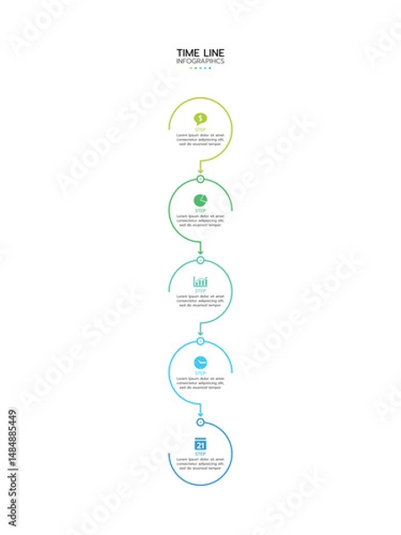 Fototapeta Timeline infographic featuring five vertical, connected circles with a gradient outline from light green to blue. Each circle contains a thin line icon and adjacent placeholder text labeled "STEP".