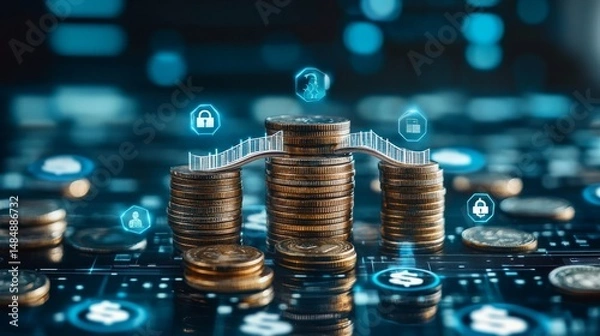 Fototapeta 26021028 45 A stack of coins forming a bridge, surrounded by digital icons, representing access to financial services and economic empowerment with ample copy space , Product photography with high res
