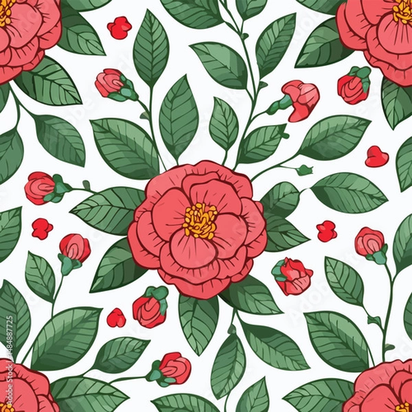 Fototapeta Camellia Vector Illustration with Seamless Pattern Design