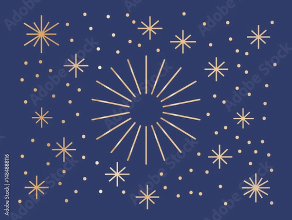 Fototapeta Golden starburst and sparkle background on dark blue for celebration design