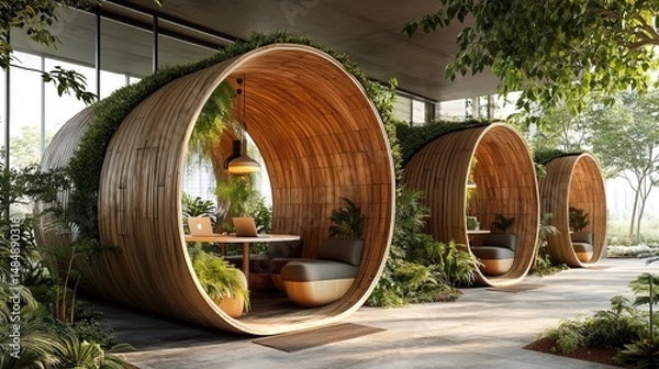 Obraz A collaborative eco-friendly workspace with nature-inspired meeting pods 