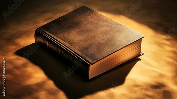 Fototapeta "A blank hardcover book mockup, angled perspective, realistic 3D rendering, soft shadow effects, clean and minimal background, no text or elements on the cover, sharp details, high-quality studio ligh
