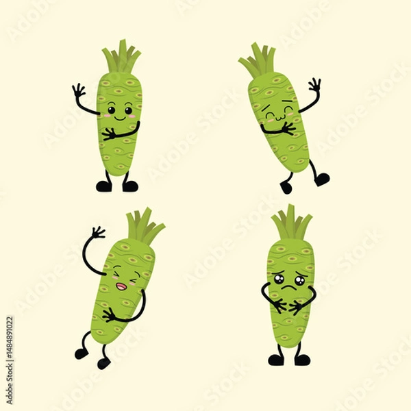Fototapeta Vegetables Cute Cartoon Wasabi with Different Emotions