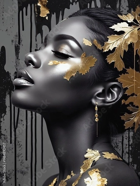 Fototapeta Portrait of a woman with gold accents and abstract elements highlighting beauty and elegance