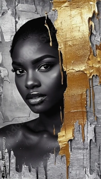 Fototapeta Portrait showcasing a woman with an abstract gold and monochrome background emphasizing beauty and elegance