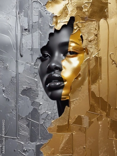 Fototapeta Portrait of an abstract face emerging from a shimmering gold and silver backdrop capturing unique beauty and depth at dusk