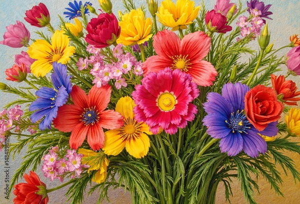 Obraz A vibrant bouquet of cosmos flowers bursts with color, showcasing reds, yellows, blues, and purples against a muted background.