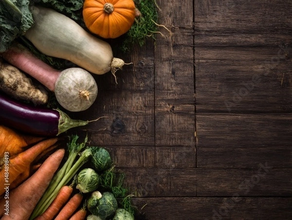 Fototapeta Flat lay of seasonal autumn vegetables arranged on a wooden table in a rustic, overhead composition Generative AI
