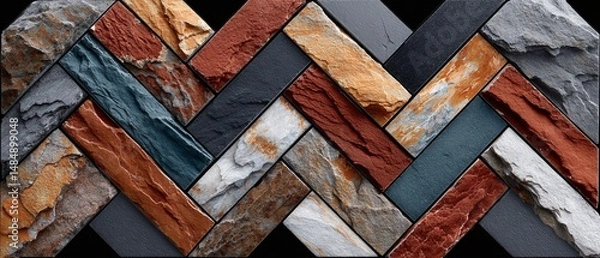 Fototapeta Textured Stone Wall Design with Colorful Slate and Rustic Patterns in a Chevrons Arrangement