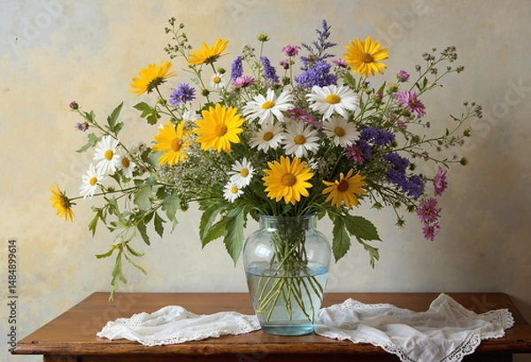 Obraz A vibrant bouquet of wildflowers sits in a glass vase on a wooden table, draped with a delicate lace cloth.