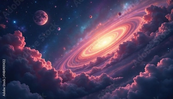 Fototapeta Ancient, ethereal deity, swirling nebulae and celestial bodies , heavenly, darkness