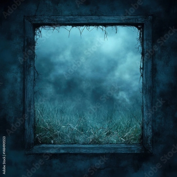 Obraz Weathered Wooden Frame Enclosing a Misty Night Field
