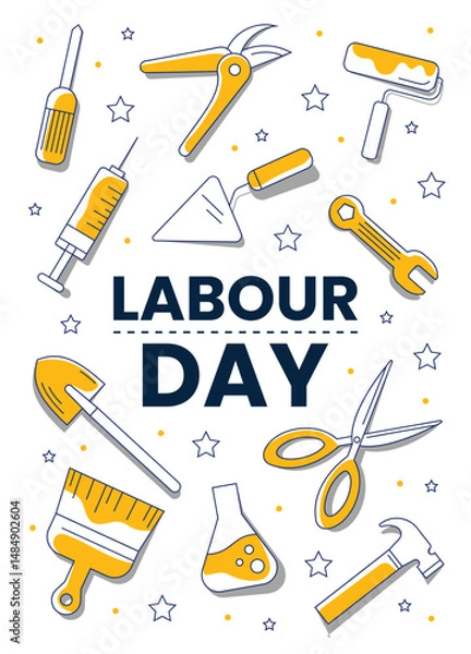 Fototapeta Flat design Labour Day poster with hand tools, construction and science icons in yellow and blue colors, decorated with stars and dots.