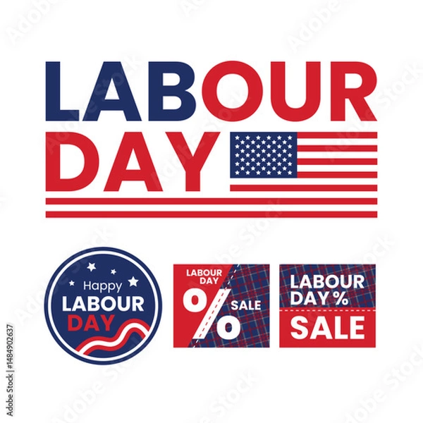 Fototapeta Labour Day sale and celebration design set with American flag colors, discount symbols, and festive elements on a white background.