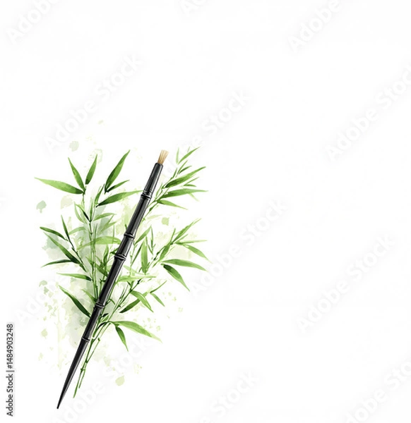 Fototapeta Invitation for a celebration with a decoration of green bamboo and thin brushes with artistic painting.