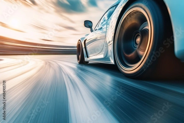 Fototapeta Speeding Racing Car on Track with Motion Blur