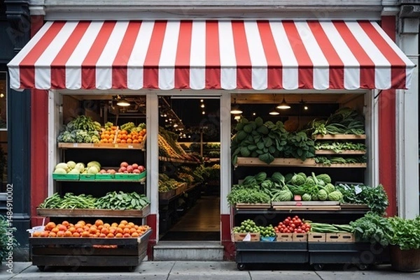 Fototapeta Storefront with Red and White Striped Awning Featuring Fresh Produce on Display