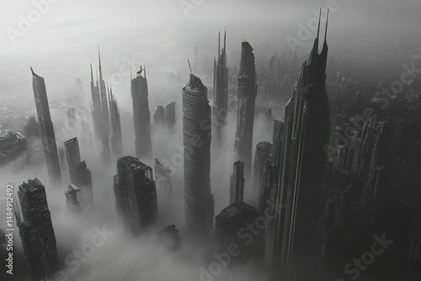 Fototapeta A black and white aerial shot of a futuristic city skyline, towering skyscrapers fading into the mist