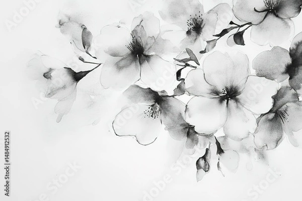 Fototapeta A black and white ink painting of cherry blossoms, delicate and minimalist style