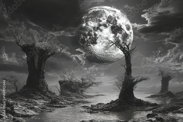 Fototapeta A black and white surreal landscape with a giant full moon, floating islands, and twisted trees