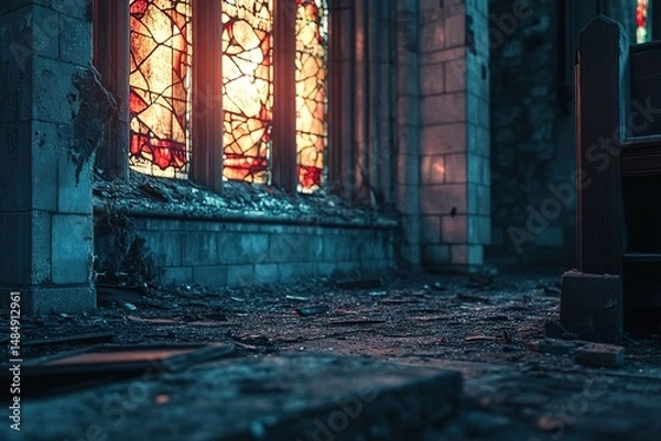 Fototapeta A close-up of an old abandoned church, broken stained-glass windows, dramatic lighting