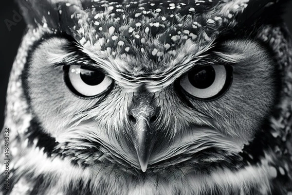 Fototapeta A close-up of an owl’s face in black and white, intricate feather details standing out