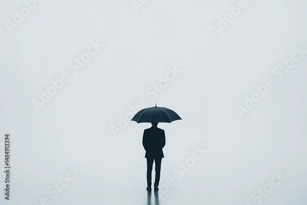 Fototapeta A faceless person in a dark suit holding an umbrella, standing in a featureless white void